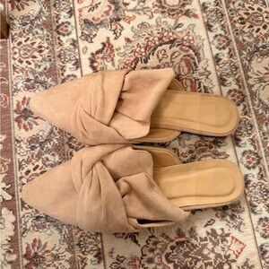 Knotted Pointed-Toe Slide Mules in Tan